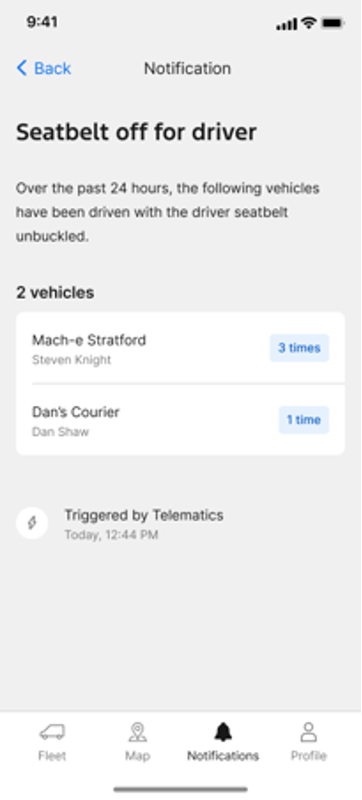 A phone screen showing a Ford Pro Telematics notification titled “Seatbelt off for driver.” It lists two vehicles, Mach-e Stratford and Dan’s Courier, with the number of times each was driven without the driver’s seatbelt buckled in the past 24 hours.